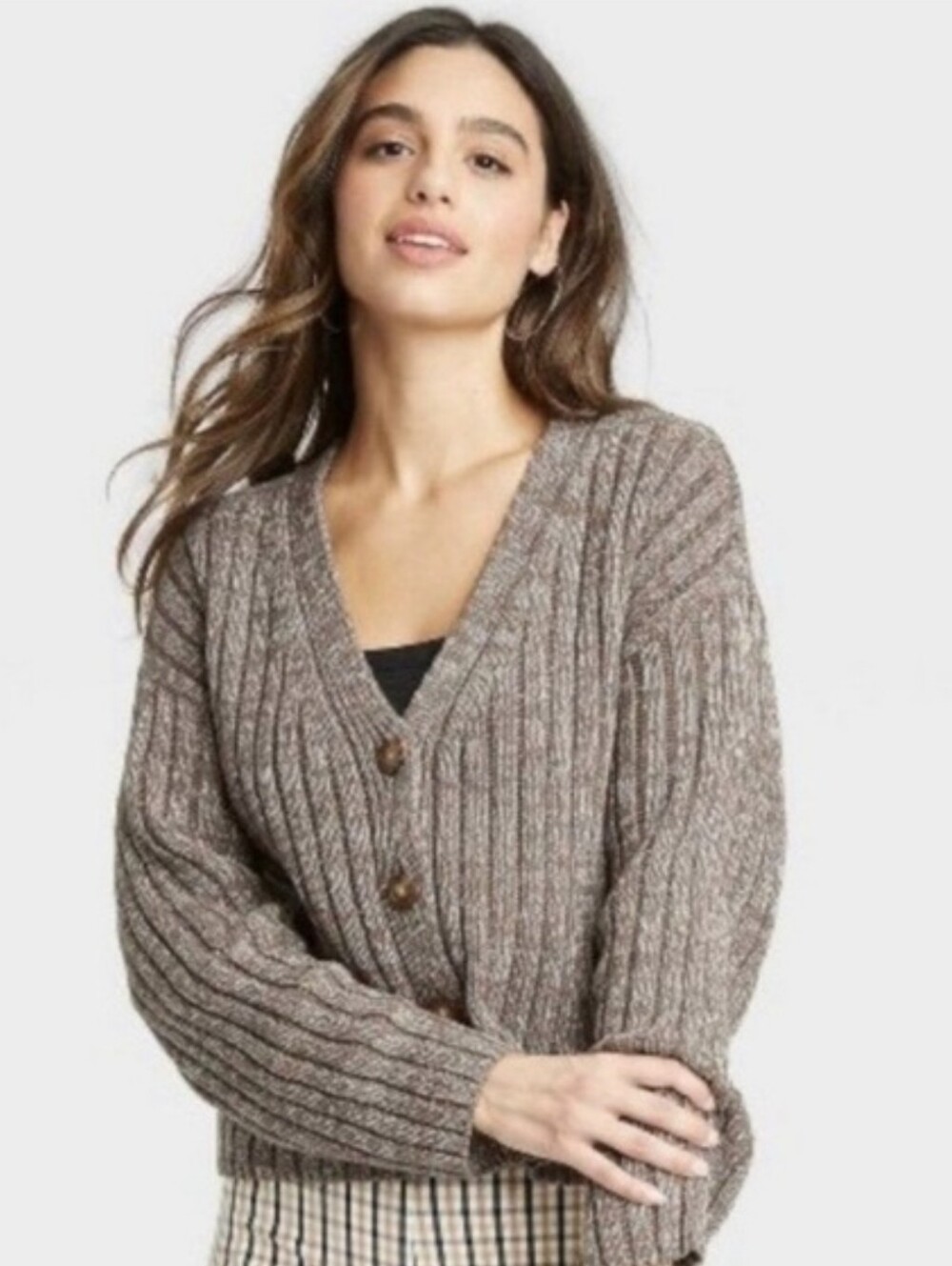 Cozy Ribbed V-Neck Button Cardigan Sweater - Brown Size 1X